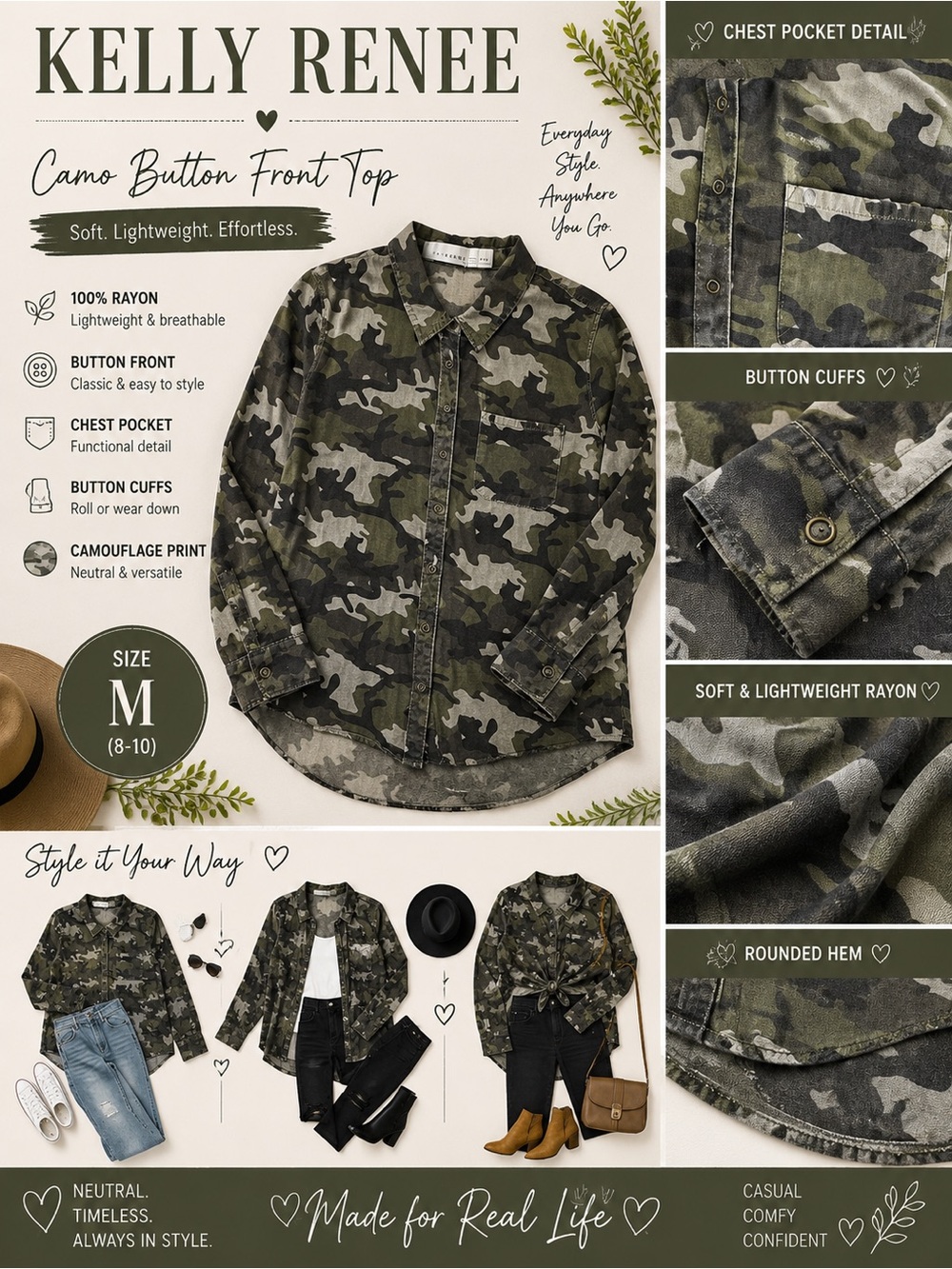 Kelly Renee Women’s Camo Button Front Blouse Top Rayon Lightweight